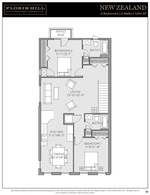 Floor plan for 2 beds, 2 baths, 1165 sqft